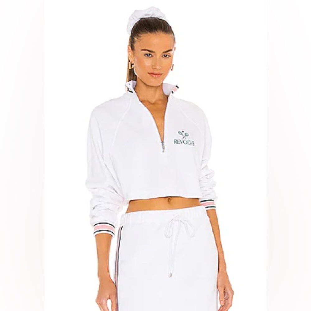 REVOLVE White Cropped Half-Zip Pullover Jacket with Stripe Trim